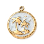 304 Stainless Steel Pendants, with Enamel, Flat Round with Tree Charms, Golden, 18.5x16x2mm, Hole: 1.6mm(STAS-K329-09G)