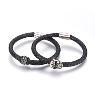Couple Braided Leather Cord Bracelets Sets, with 304 Stainless Steel Findings and Magnetic Clasps, Column and Skull, 8-1/8 inch~8-1/4 inch(20.5~21cm), 6mm, 2pcs/set(BJEW-JB03916)