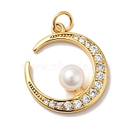 Rack Plating Brass Micro Pave Clear Cubic Zirconia Pendants, with ABS Plastic Imitation Pearl and Jump Ring, Cadmium Free & Nickel Free & Lead Free, Moon, Real 18K Gold Plated, 21.5x19x7.5mm, Hole: 3.6mm(KK-H431-08G)