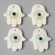 Natural Freshwater Shell Pendants, with Enamel, Hamsa Hand/Hand of Fatima/Hand of Miriam with Evil Eye, Turquoise, 27x24x5mm, Hole: 1.6mm(X-SHEL-N026-78)