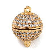 Brass Micro Pave Clear Cubic Zirconia Round Ball Magnetic Clasps, Real 18K Gold Plated, 16x12mm, Hole: 1mm(KK-G493-21G)