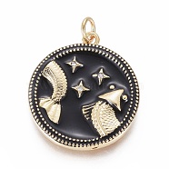 Brass Micro Pave Cubic Zirconia Pendants, with Enamel and Jump Ring, Flat Round with Constellations, Golden, Pisces, 23x21x2.5mm, Hole: 3mm(ZIRC-L083-013B-08G)