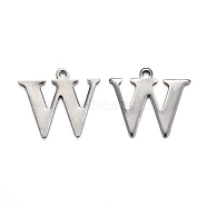 304 Stainless Steel Alphabet Charms, Stainless Steel Color, Letter.W, 12x14x0.7mm, Hole: 1mm(STAS-H122-W-P)