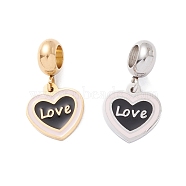 304 Stainless Steel European Dangle Charms, Large Hole Pendants, with Enamel, Golden & Stainless Steel Color, Heart & Word Love, Pink, 21mm, Hole: 4.5mm(STAS-I192-16-03)