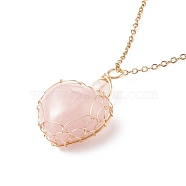Copper Wire Wrapped Natural Rose Quartz Heart Pendant Necklaces, Golden Plated 304 Stainless Steel Necklace for Women, 17.52 inch(44.5cm), 1.5mm(NJEW-JN03971-01)