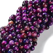 Natural Rainbow Tiger Eye Beads Strands, Dyed, Round, Magenta, 8mm, Hole: 1.2mm, about 63pcs/strand, 15.59''(39.6cm)(G-NH0002-A01-B04)