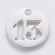 Non-Tarnish 304 Stainless Steel Pendants, Cut-Out, Hollow, Flat Round with Number, Stainless Steel Color, Num.13, 19x1.5mm, Hole: 2.5mm(STAS-F233-13-P)