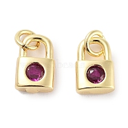 Brass Micro Pave Cubic Zirconia Charms, with Jump Ring, Lock, Real 18K Gold Plated, Medium Violet Red, 9x5.5x2.5mm, Hole: 1.6mm(KK-C051-13G-01)
