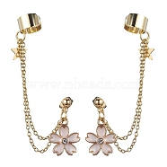 Light Gold 304 Stainless Steel Cuff Earring Chains with Rhinestone, Star & Flower Alloy Enamel Dangle Stud Earrings Crawler Earrings, WhiteSmoke, 78mm(EJEW-JE05684-03)