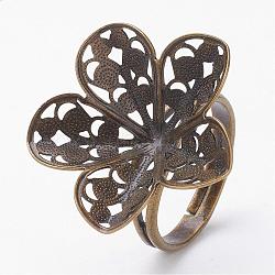 Adjustable Brass Filigree Finger Ring Settings, Flower, Size 7, Antique Bronze, Tray: 24x6mm, 17mm(KK-D527-04AB)