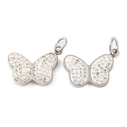 304 Stainless Steel Pendants, with Polymer Clay Crystal Rhinestone and Jump Rings, Butterfly Charm, Stainless Steel Color, 13.5x18.5x4.5mm, Hole: 4mm(STAS-B070-04P)