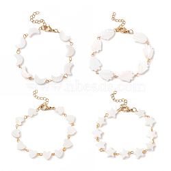Natural Shell Link Chain Bracelet, 304 Stainless Steel Jewelry for Women, Mixed Shape, Golden, White, 6-3/4~7x3/8~8 inch(17.1~17.7cm)(BJEW-C015-05G)