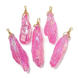 Electroplated Raw Rough Natural Quartz Crystal Big Pendants, Nuggets Charms with Copper Wire Loops, Golden, Hot Pink, 40~48x13~23x10~20mm, Hole: 4.5~5mm(G-A229-02G-08)