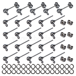 100Pcs Iron Ball Stud Earring Findings, with Horizontal Loops & 100Pcs Friction Ear Nuts & 100Pcs 304 Stainless Steel Open Jump Rings, Gunmetal, 6.5x4mm, Hole: 1mm, Pin: 0.8mm(KK-UN0001-33)