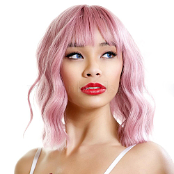 Shoulder Length Curly Wavy Synthetic Hair Wigs, High Temperature Heat Resistant Fiber Wigs, Pink, 17.7 inches(45cm)(OHAR-G009-01)
