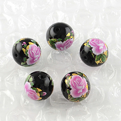 Rose Flower Pattern Printed Round Glass Beads, Magenta, 10x9mm, Hole: 1.5mm(GFB-R004-10mm-V01)