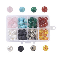 Mixed Stone Beads Sets, Resin Imitation Amber & Natural Lava Rock & Synthetic Green Turquoise & Natural Rose Quartz & Natural Red Agate & Natural Agate & Dyed Shell Pearl & Natural Dalmation Jasper, 10mm, Hole: 2mm, about 10pcs/compartment, about 80pcs/box(G-JP0001-23)