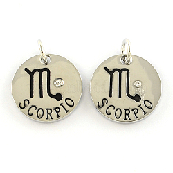 Alloy Pendants, with Rhinestone, Flat Round, with Constellation/Zodiac Sign, Platinum, Scorpio, 22x2.5mm, Hole: 5.5mm(PALLOY-S083-11P)