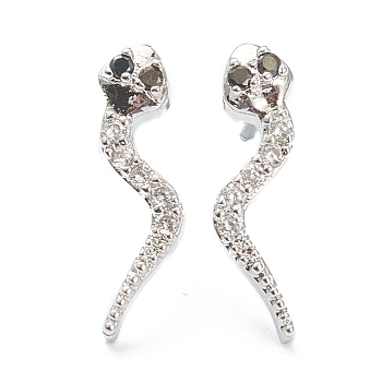 Brass Micro Pave Clear Cubic Zirconia Stud Earrings, Tadpole, Real Platinum Plated, 14.5x7mm, Pin: 0.7mm