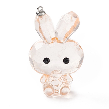 Transparent Acrylic Rhinestone Big Pendants, with Alloy Findings, Faceted, Rabbit, PeachPuff, 59.5x35.5x24mm, Hole: 1.6mm