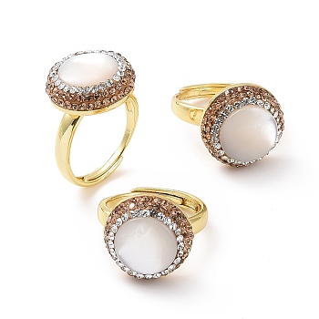Adjustable Shell Pearl Ring with Rhinestone, Golden Brass Wide Ring for Women, White, Inner Diameter: 17.5~22mm
