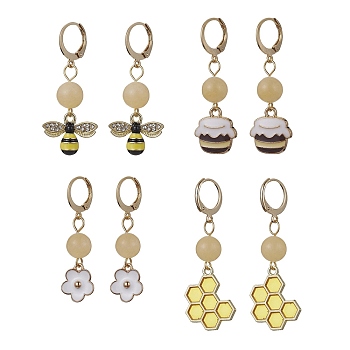 4 Pairs 4 Styles Bee & Flower Alloy Enamel Dangle Leverback Earrings for Women, Natural Topaz Jade Round Beaded Drop Earrings, Golden, 42~49x11~17mm, 1 Pair/style