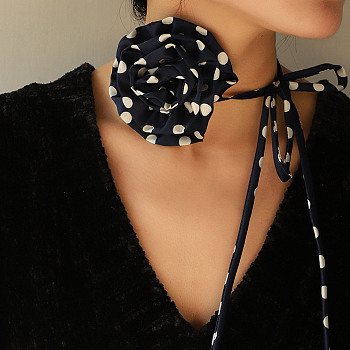 Polka Dot Pattern Fabric Rose Tie Choker Necklaces for Women, Adjustable Jewelry for Birthday Wedding Party, Midnight Blue, 56.69~56.89inch(144~144.5cm), 6mm