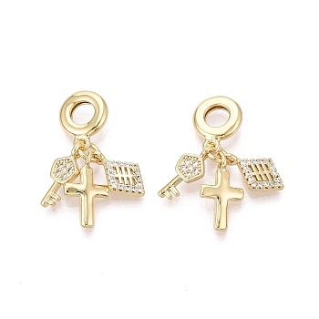 Brass Micro Pave Clear Cubic Zirconia European Dangle Charms, Large Hole Pendants, Real 18K Gold Plated, Cross Rhombus Key, 30mm, Hole: 5mm.