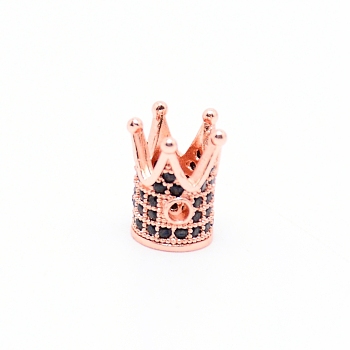 Brass Micro Pave Cubic Zirconia Beads, Crown, Black, Rose Gold, 12x10mm, Hole: 1.8mm