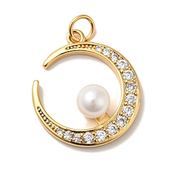 Rack Plating Brass Micro Pave Clear Cubic Zirconia Pendants, with ABS Plastic Imitation Pearl and Jump Ring, Cadmium Free & Nickel Free & Lead Free, Moon, Real 18K Gold Plated, 21.5x19x7.5mm, Hole: 3.6mm