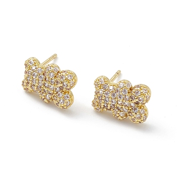 Bear Rack Plating Brass Cubic Zirconia Stud Earrings for Women, Long-Lasting Plated, Lead Free & Cadmium Free, Real 18K Gold Plated, 12x9x3mm, Pin: 0.8mm