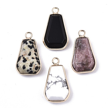 Natural & Synthetic Mixed Gemstone/Glass Pendants, with Light Gold Plated Brass Edge and Loop, Trapezoid, Faceted, Mixed Color, 25x14x6mm, Hole: 2mm