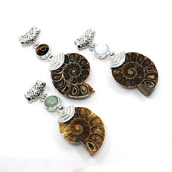 Gemstone Big Pendants, with Alloy Findings and Fossil, Snail, Platinum Metal Color, 58~78x29~35x8~9mm, Hole: 4x6mm