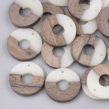 Resin & Walnut Wood Pendants, Donut/Pi Disc, Creamy White, Donut Width: 13.3mm, 28x4mm, Hole: 1.5mm