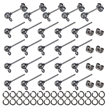100Pcs Iron Ball Stud Earring Findings, with Horizontal Loops & 100Pcs Friction Ear Nuts & 100Pcs 304 Stainless Steel Open Jump Rings, Gunmetal, 6.5x4mm, Hole: 1mm, Pin: 0.8mm