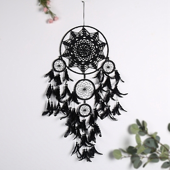 Iron Woven Web/Net with Feather Pendant Decorations, Bohemian Style Flat Round Macrame Wall Hanging, Black, 250mm