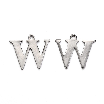 304 Stainless Steel Alphabet Charms, Stainless Steel Color, Letter.W, 12x14x0.7mm, Hole: 1mm