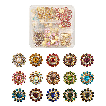 300Pcs 15 Style Flower Shape Rhinestone Buttons,  with Golden Tone Zinc Alloy Findings, Resin Imitation Pearl Beads, Mixed Color, 20pcs/style