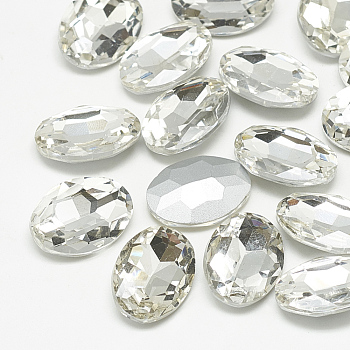 Pointed Back Glass Rhinestone Cabochons, Back Plated, Faceted, Oval, Crystal, 25x18x6mm