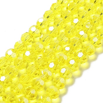 Electroplate Transparent Glass Beads Strands, Faceted, Round, Pearl Luster Plated, Yellow, 8mm, Hole: 1mm, about 66~69pcs/strand, 19.29~19.57 inch(49~49.7cm)