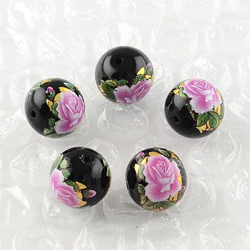 Rose Flower Pattern Printed Round Glass Beads, Magenta, 10x9mm, Hole: 1.5mm