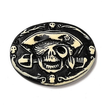 Halloween Opaque Resin Cabochons, Oval with Skull, Black, 37x29.5x5.5mm