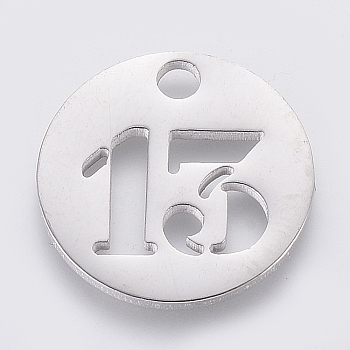 Non-Tarnish 304 Stainless Steel Pendants, Cut-Out, Hollow, Flat Round with Number, Stainless Steel Color, Num.13, 19x1.5mm, Hole: 2.5mm