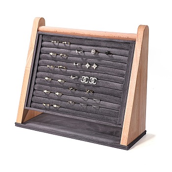 Multi Slot Velvet Slant Back Ring Organizer Stands, with Wood Base, for Rings, Earrings Display, Gray, 31x11.5x27cm