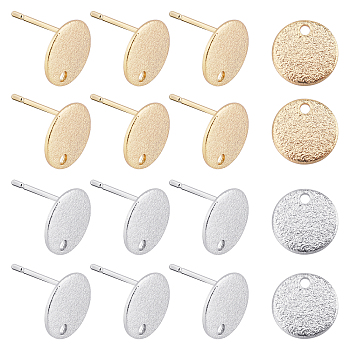 24Pcs 2 Colors Hammered Brass Stud Earring Findings, Flat Round, Nickel Free, Platinum & Golden, 10mm, Hole: 1mm, Pin: 0.6mm, 12pcs/color
