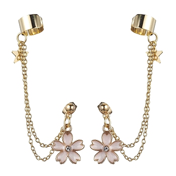Light Gold 304 Stainless Steel Cuff Earring Chains with Rhinestone, Star & Flower Alloy Enamel Dangle Stud Earrings Crawler Earrings, WhiteSmoke, 78mm