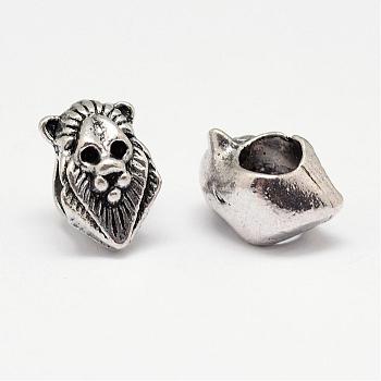 Lion Head Alloy European Beads, Large Hole Beads, Antique Silver, 13x8.5x8mm, Hole: 5mm