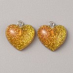 Transparent Resin Pendants, Glitter Heart Charms with Platinum Plated Iron Loops, Gold, 18.5x19x7.5mm, Hole: 2mm(CRES-TAC0010-05A)