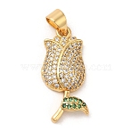 Rack Plating Brass Cubic Zirconia Pendants, Lead Free & Cadmium Free, Long-Lasting Plated, Tulip, Real 18K Gold Plated, 23x10x4mm, Hole: 5x3.5mm(X-KK-D026-33G)