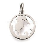 304 Stainless Steel Charms, with Jump Ring, Flat Round with Sea Horse Charm, Laser Cut, Stainless Steel Color, 14x11.5x1mm, Hole: 3mm(STAS-Z119-06P)